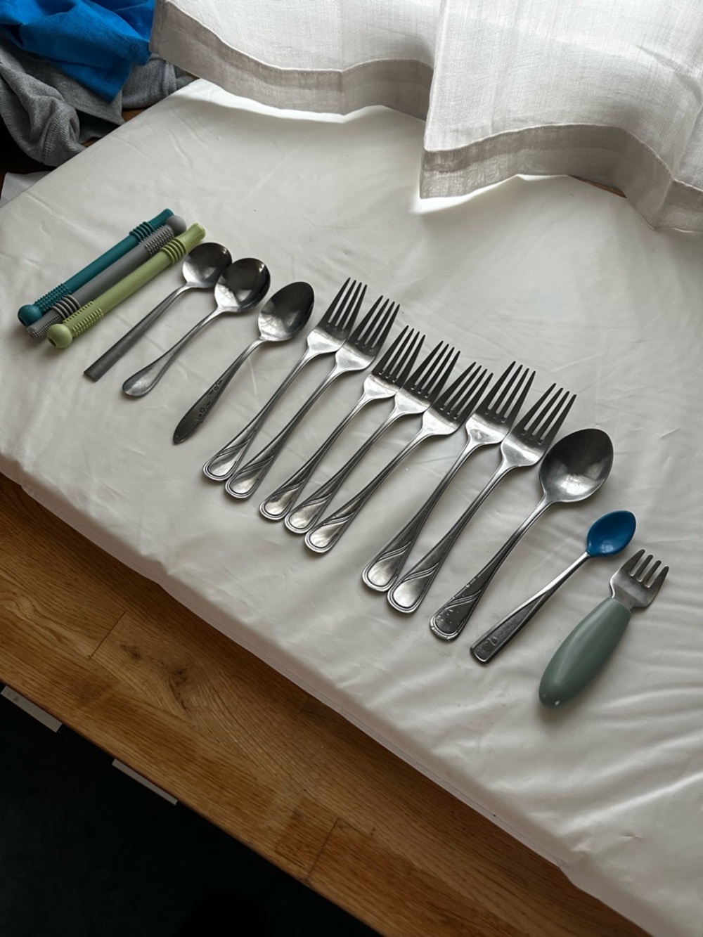 Stainless Steel Flatware Set with Blue and Teal Children's Utensils